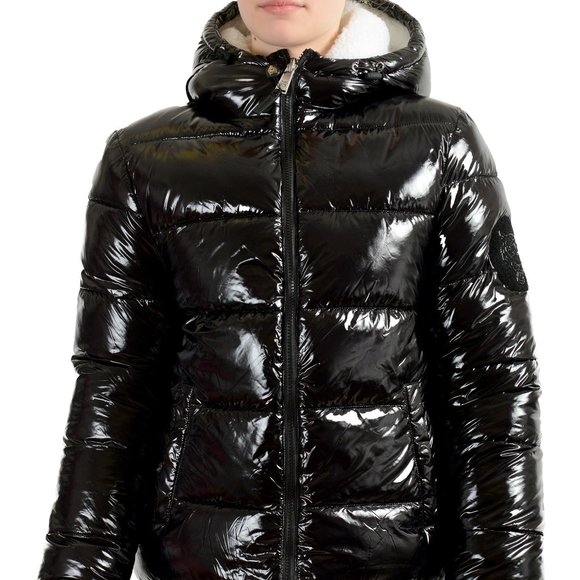 Plein Sport Women's Black Hooded Reversible Sherpa Logo Print Parka Jacket
